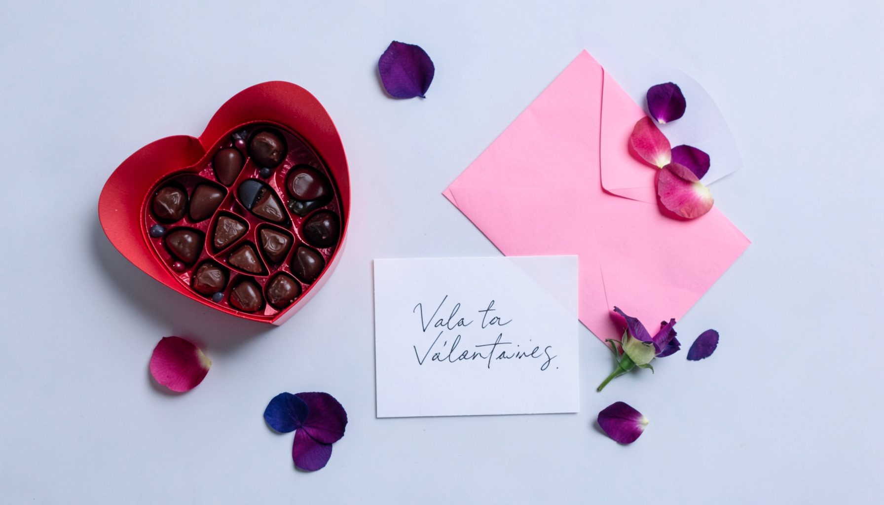 Overhead flat-lay of Valentine's Day items: a red heart-shaped box of chocolates, a pink envelope, rose petals, and a handwritten card on a white surface.
