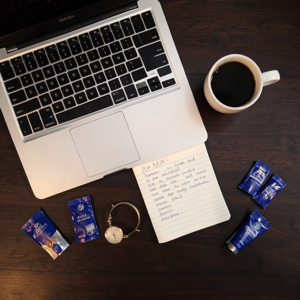 Overhead flat-lay photograph of a laptop, a cup of coffee, a notepad with handwritten notes, and scattered product samples on a dark wood desk, warm ambient lighting