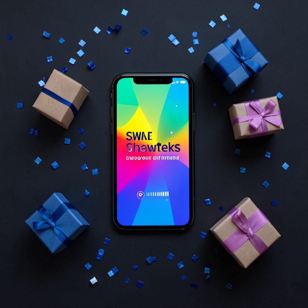Overhead flat-lay photograph of a smartphone displaying a colorful sweepstakes screen, surrounded by confetti and small gift boxes on a dark surface