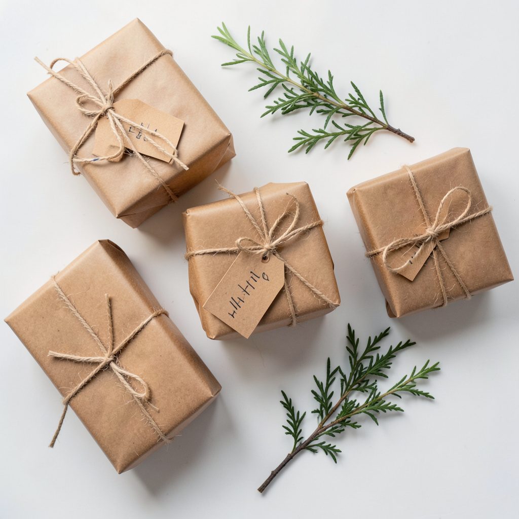 Overhead flat-lay photograph of wrapped gifts in kraft paper with twine, a handwritten tag, and sprigs of greenery on a white surface, warm natural light